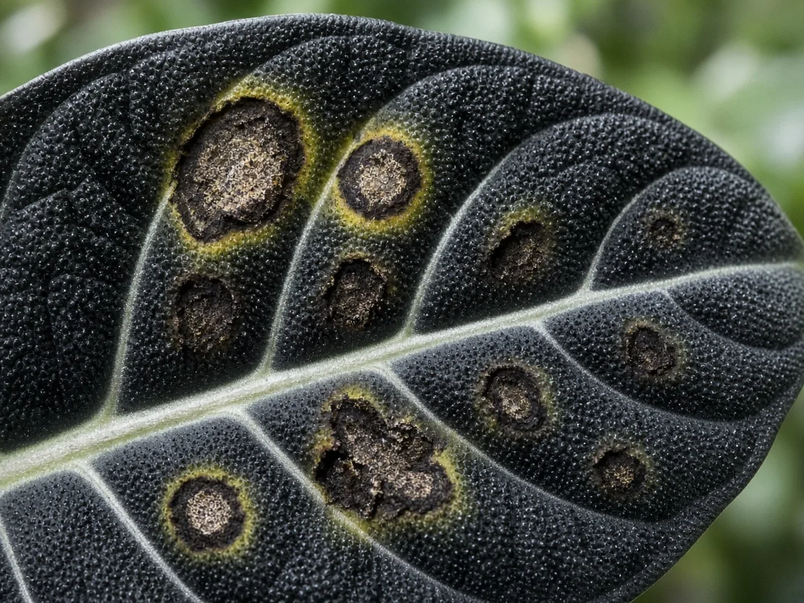 Close-up of black spots on Alocasia Black Velvet velvet leaves