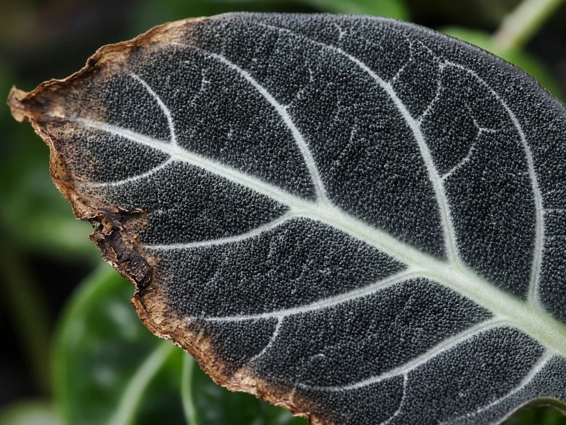 Close-up of brown leaf damage on Alocasia Black Velvet velvet foliage