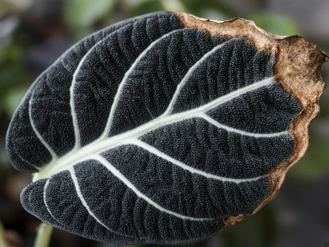 Close-up of brown tips on Alocasia Black Velvet - diagnostic detail