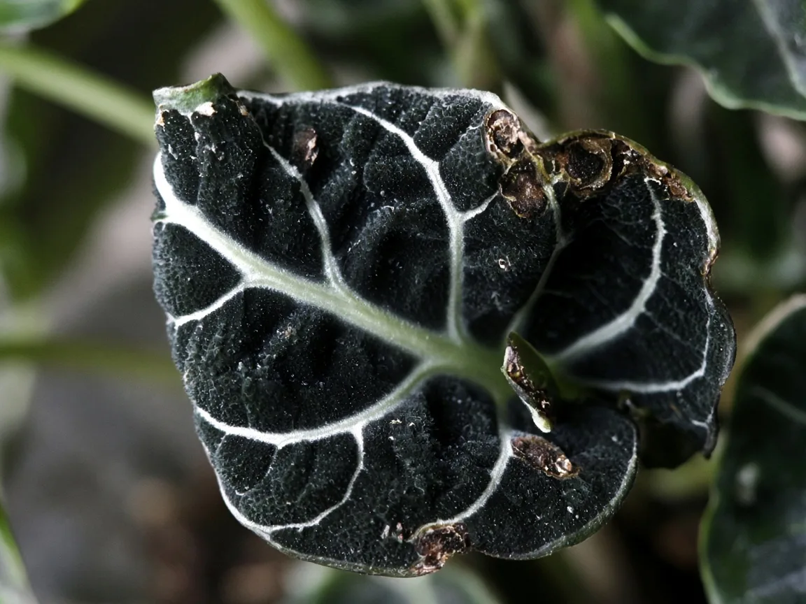 Close-up of cupped margin on newest unfurling Alocasia Black Velvet velvet spear