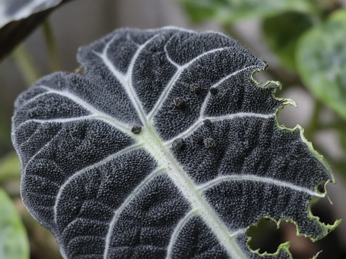Close-up of caterpillar damage on Alocasia Black Velvet - irregular chewed notches on small matte black velvet bullate leaf with dark frass pellets