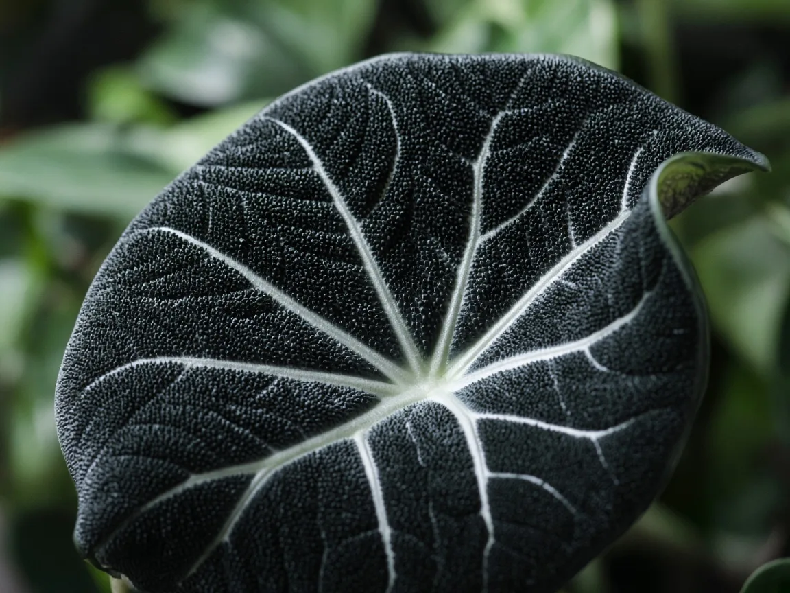 Close-up of curling leaves on Alocasia Black Velvet - diagnostic detail