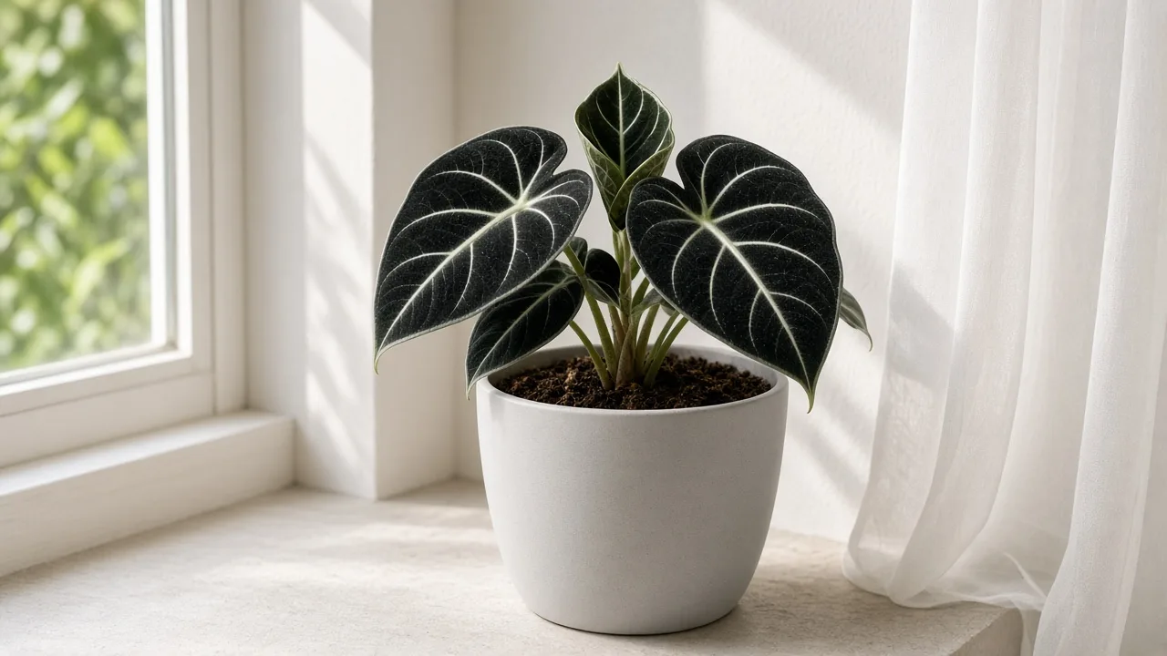 Curling leaves on Alocasia Black Velvet - cupped bullate foliage with white veining
