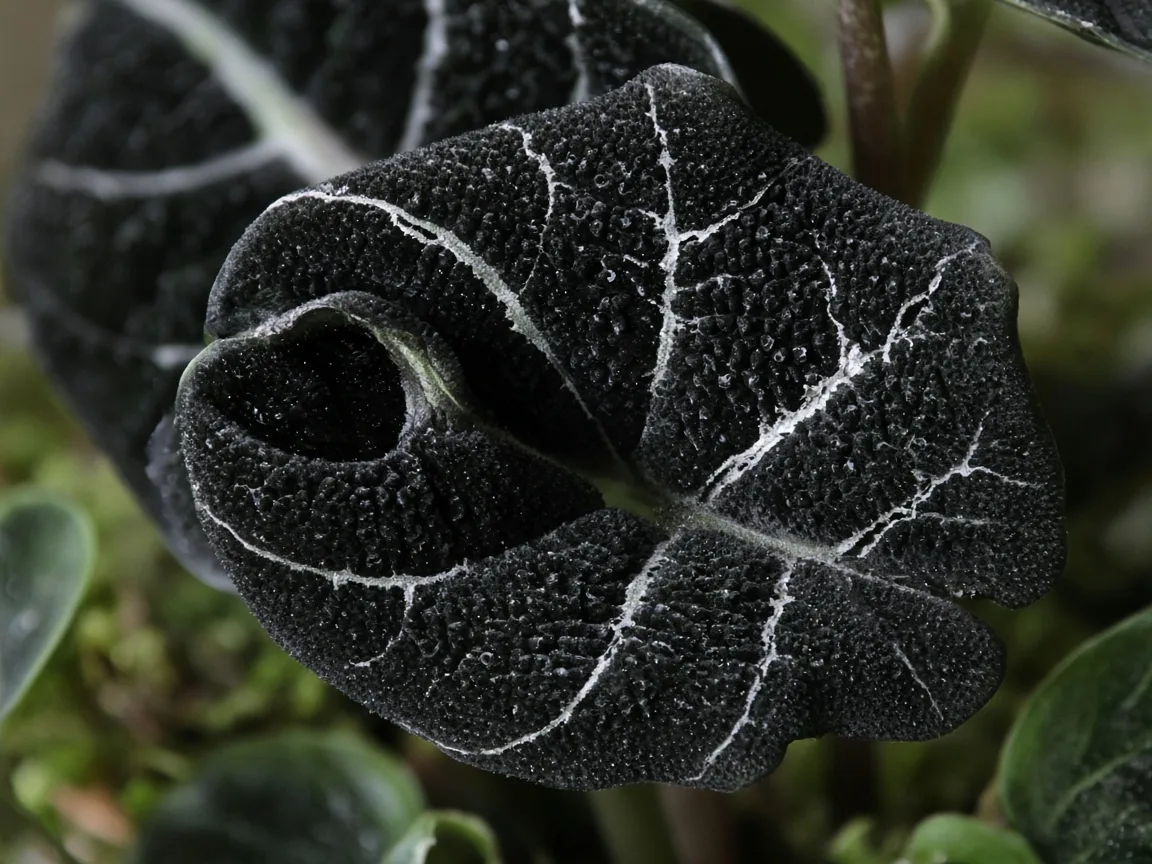 Close-up of distorted leaves on Alocasia Black Velvet - twisted puckered bullate blade with white vein scarring
