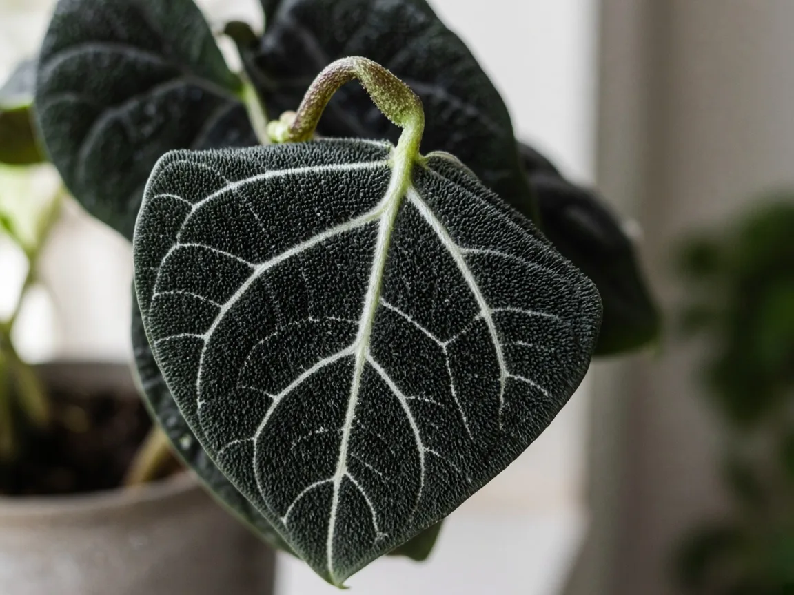 Close-up of drooping leaves on Alocasia Black Velvet - diagnostic detail
