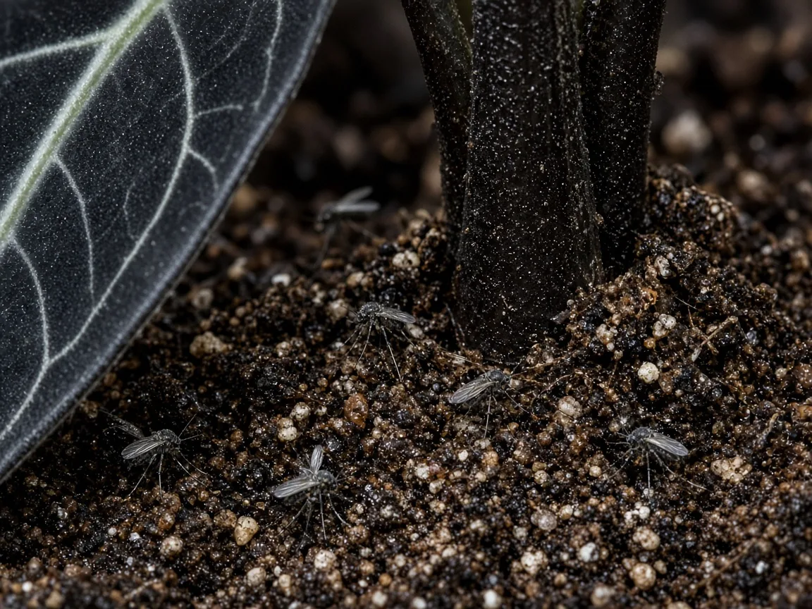 Close-up of fungus gnats at the soil surface of Alocasia Black Velvet