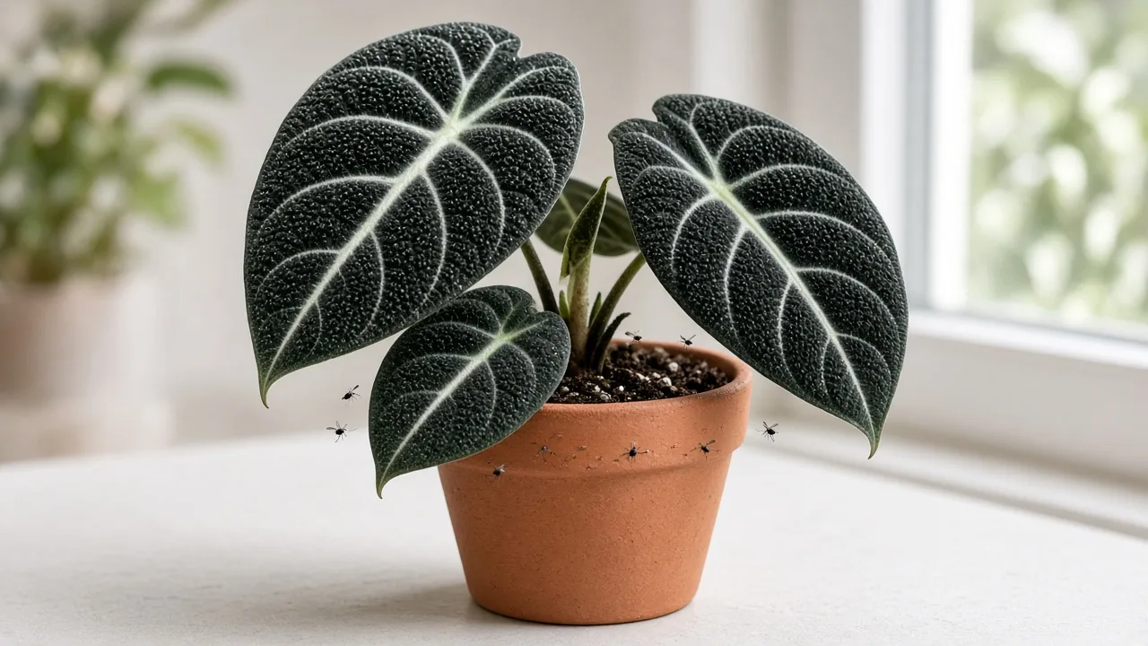 Fungus gnats on Alocasia Black Velvet - tiny flies at the soil surface of a compact jewel alocasia pot