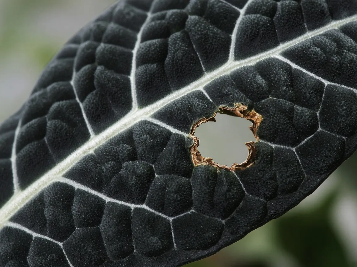 Close-up of holes in Alocasia Black Velvet leaf