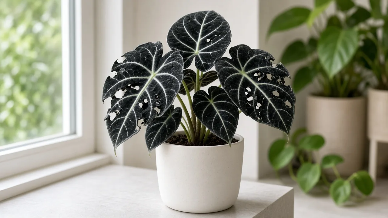 Holes in leaves on Alocasia Black Velvet - ragged chew marks on dark velvet foliage with white veins