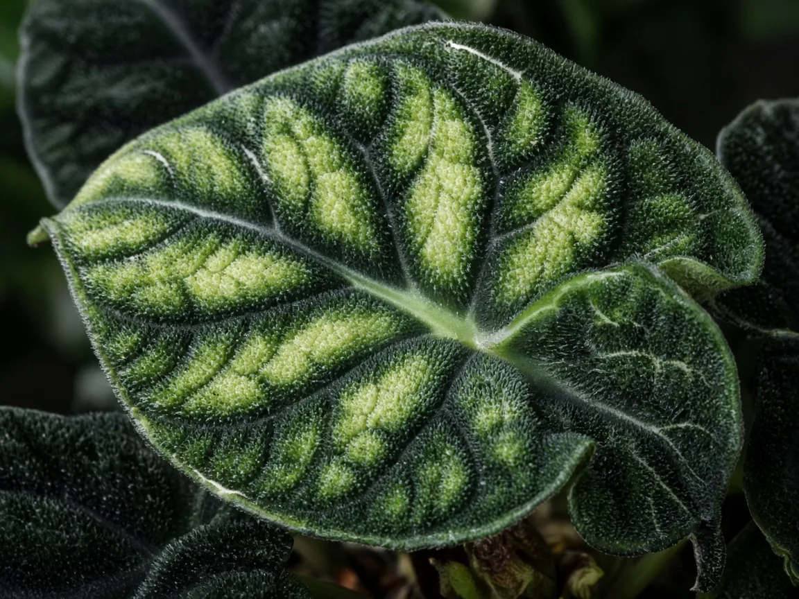 Close-up of interveinal chlorosis on new Alocasia Black Velvet velvet leaf