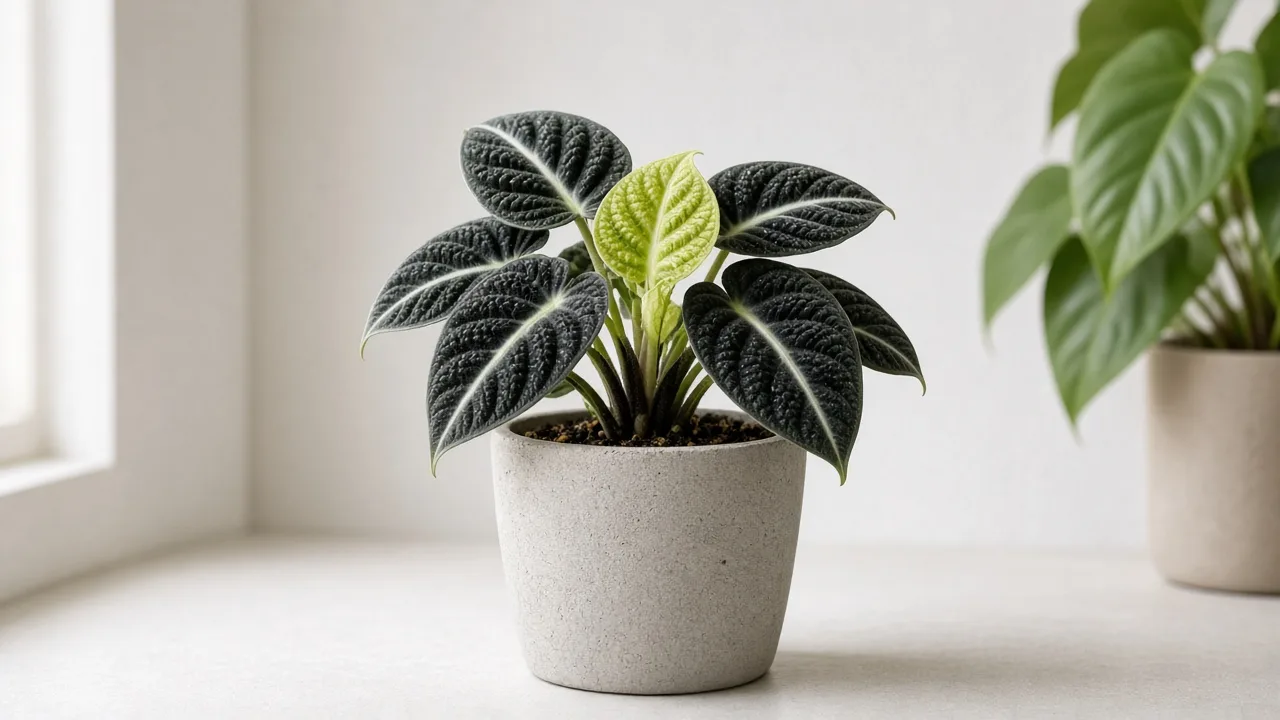 Iron deficiency on Alocasia Black Velvet - pale new velvet leaf with green veins at the crown