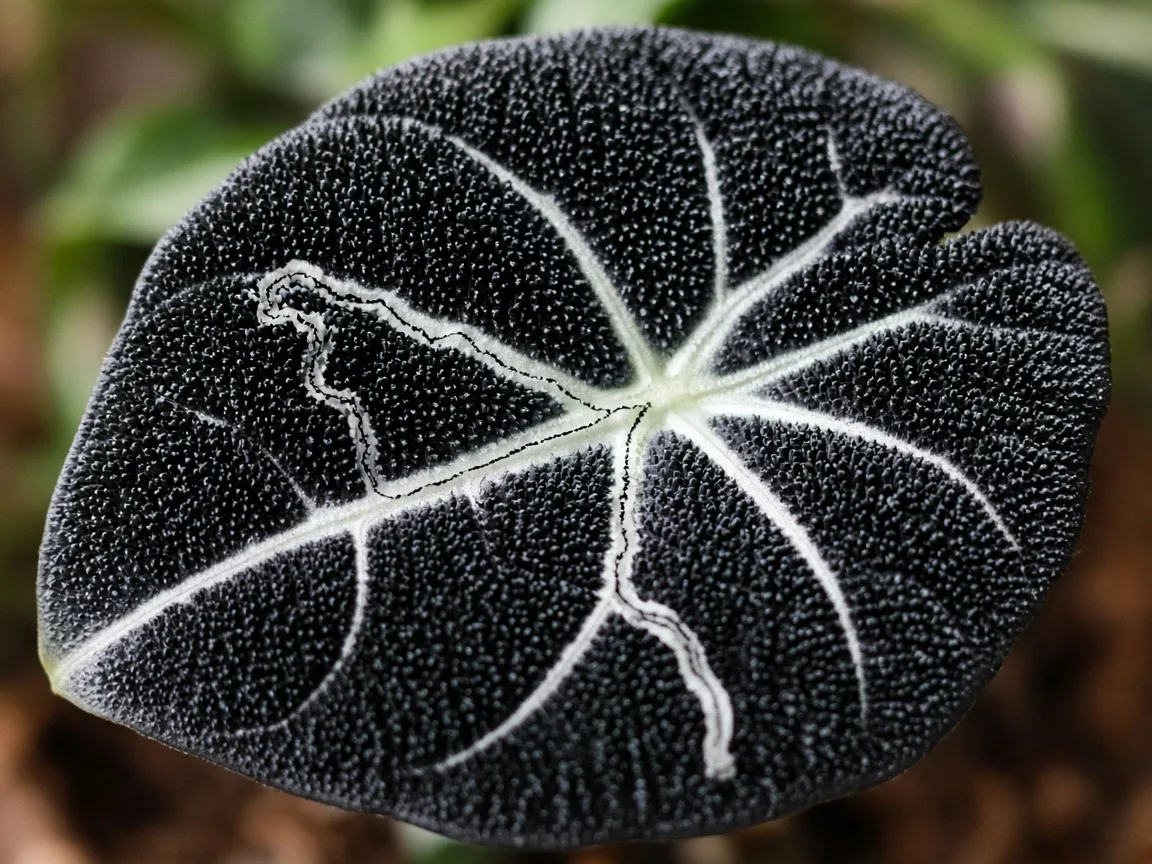 Close-up of leaf miners on Alocasia Black Velvet - pale serpentine tunnel visible on matte black velvet leaf with white veining