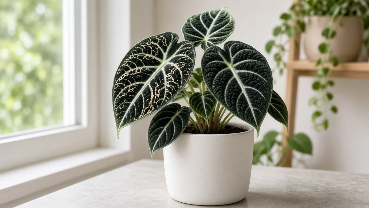 Leaf miners on Alocasia Black Velvet - pale serpentine tunnels visible on matte black velvet leaves