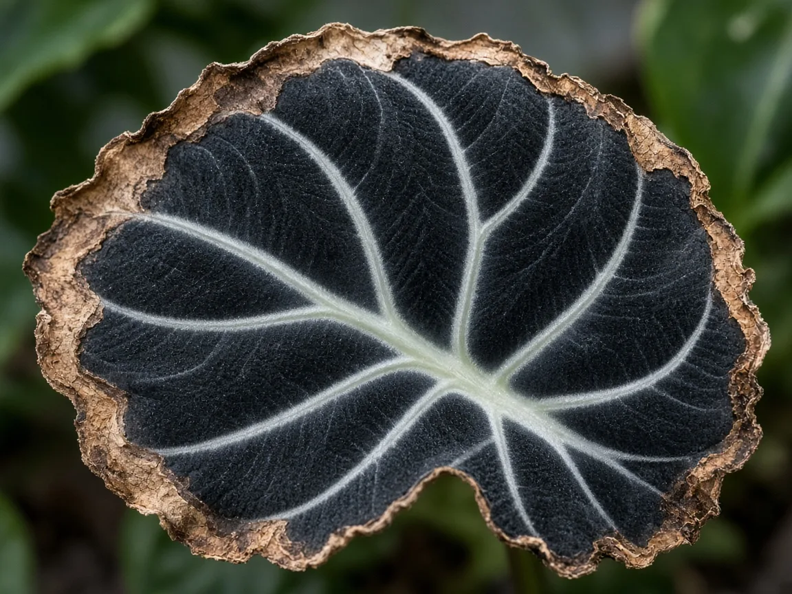 Close-up of low humidity on Alocasia Black Velvet - papery brown margins on velvet leaf