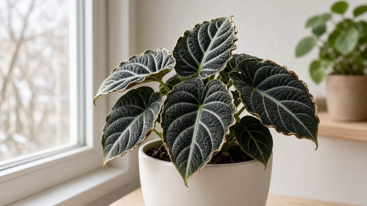 Low humidity on Alocasia Black Velvet - crispy brown margins on compact matte velvet leaves in a dry winter room