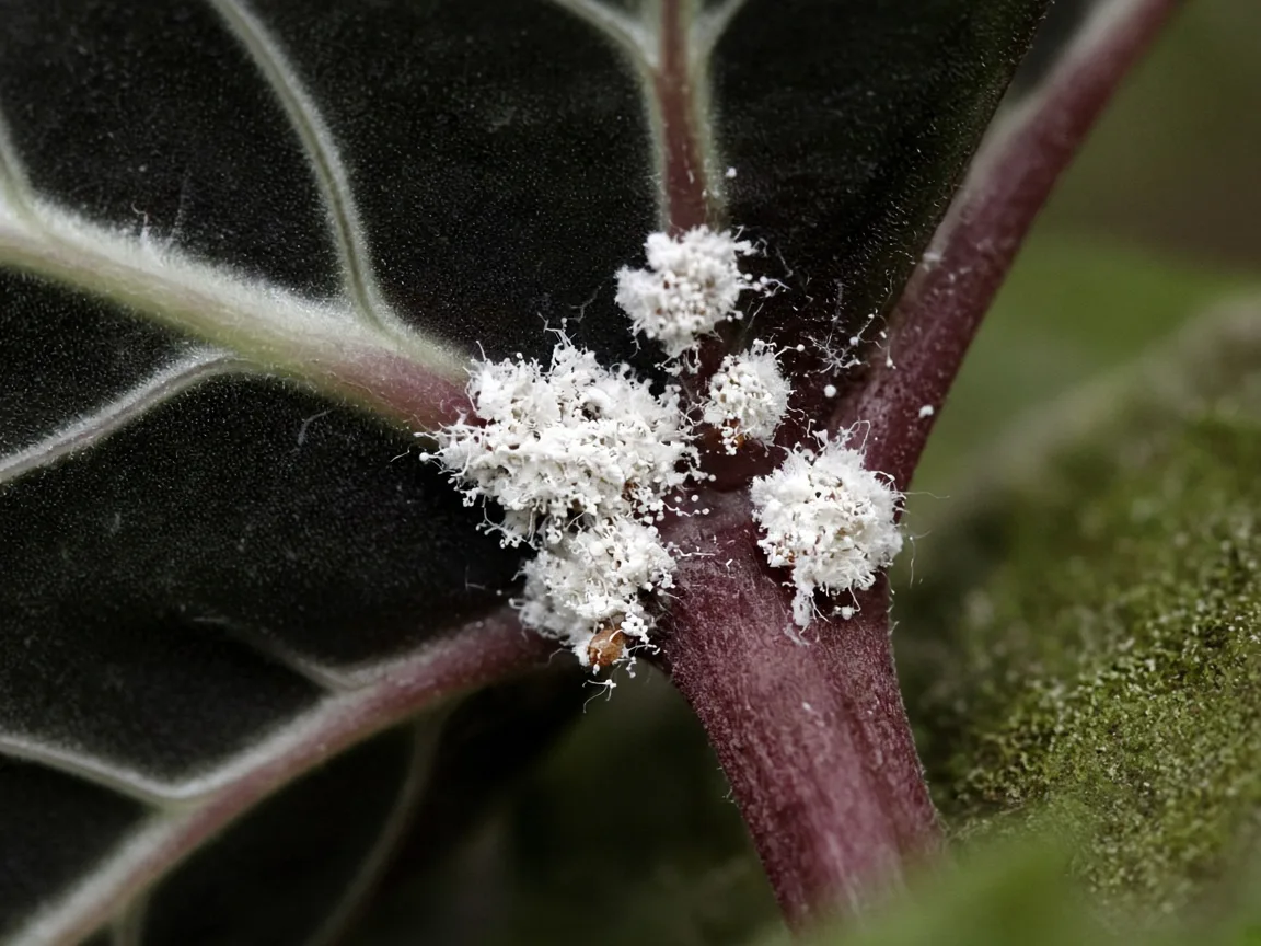 Close-up of white cottony mealybug clusters nestled in an Alocasia Black Velvet petiole axil on a burgundy leaf underside