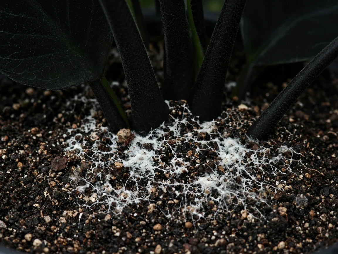 Close-up of mold on soil on Alocasia Black Velvet - white fuzzy threads on damp mix at the base of bullate leaves
