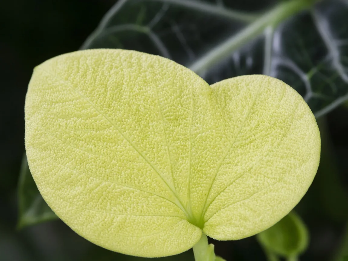 Close-up of nitrogen deficiency on Alocasia Black Velvet - uniform pale yellow-green on oldest lower bullate velvet leaf
