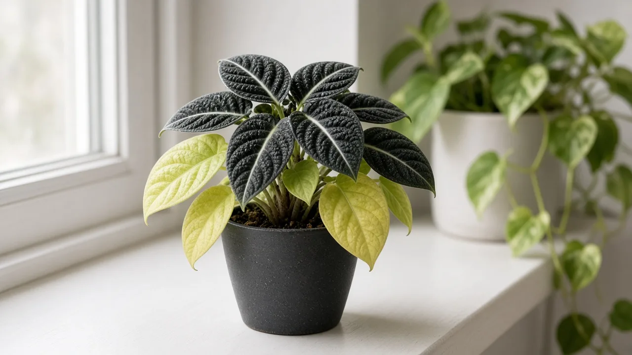 Nitrogen deficiency on Alocasia Black Velvet - oldest lower bullate velvet leaves uniformly pale yellow-green above dark healthy crown blades