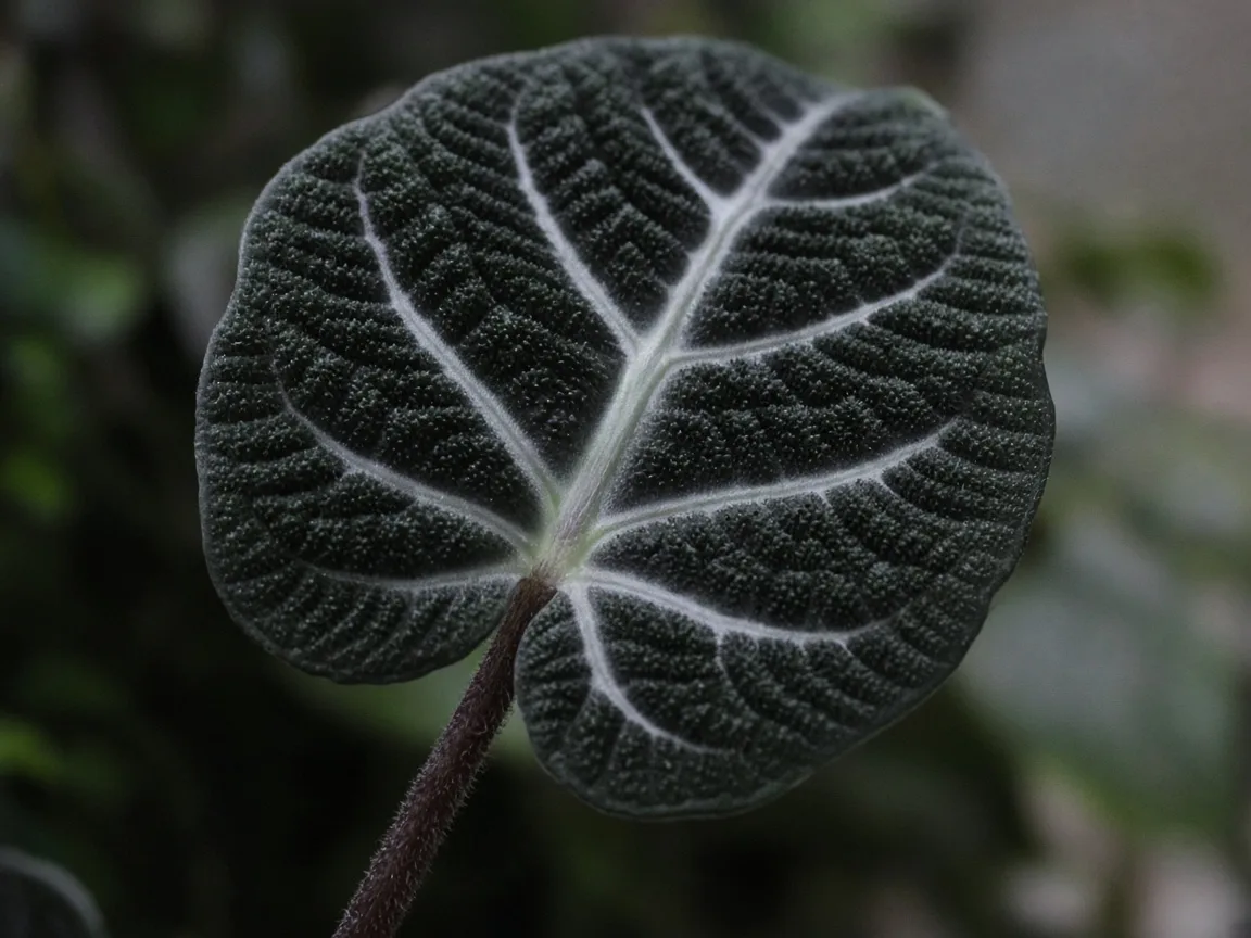 Close-up of dull bullate Alocasia Black Velvet leaf with flat white veining and small blade on elongated petiole