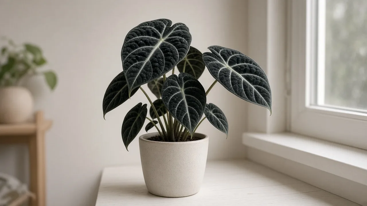 Not enough light on Alocasia Black Velvet - compact jewel alocasia with dull velvet leaves leaning toward a dim window