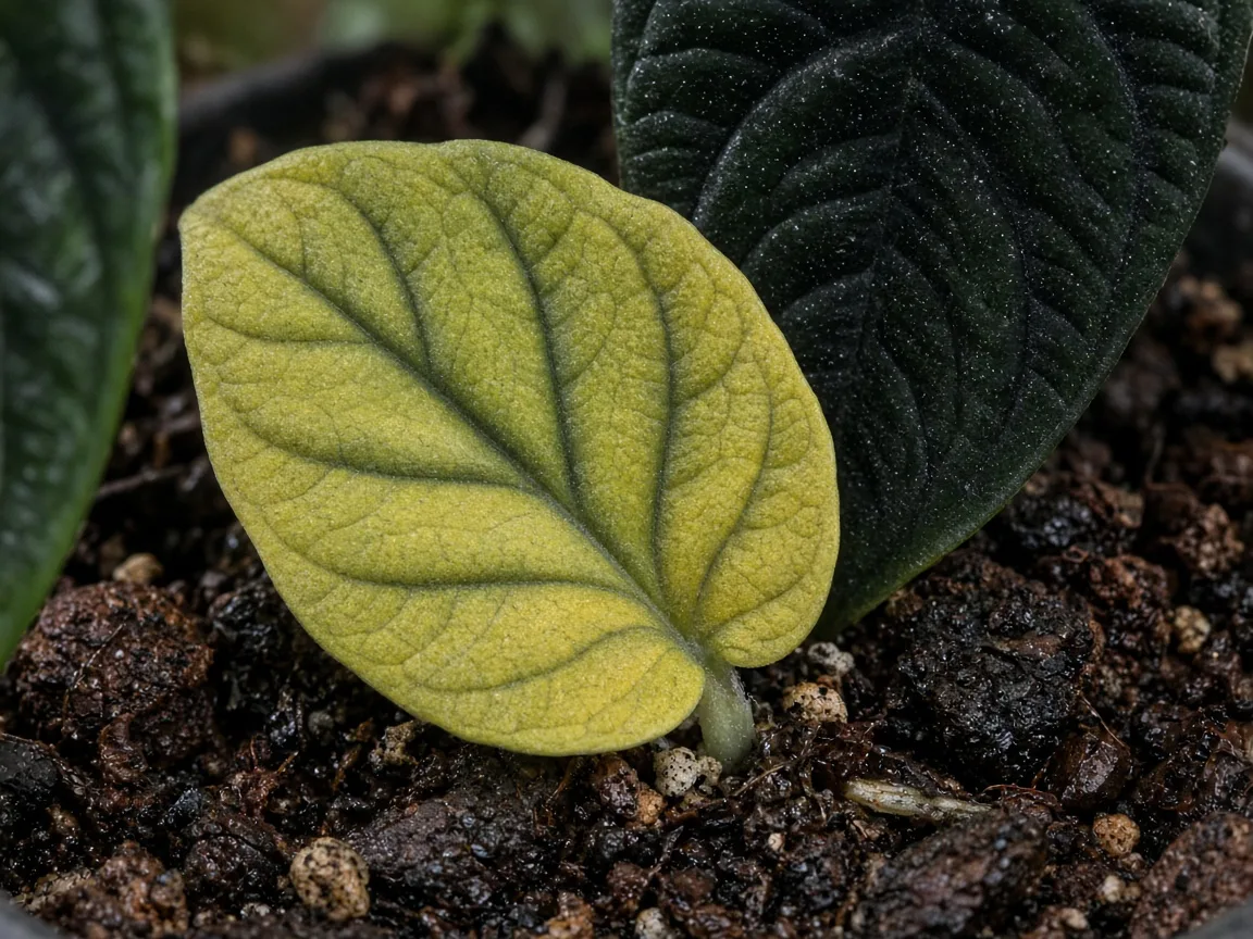 Close-up of overwatering on Alocasia Black Velvet - yellow lower leaves and damp soil