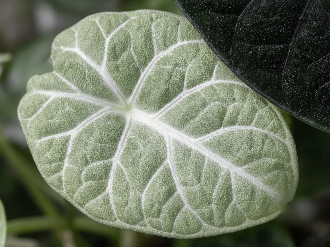 Close-up of washed-out pale color on Alocasia Black Velvet bullate leaf