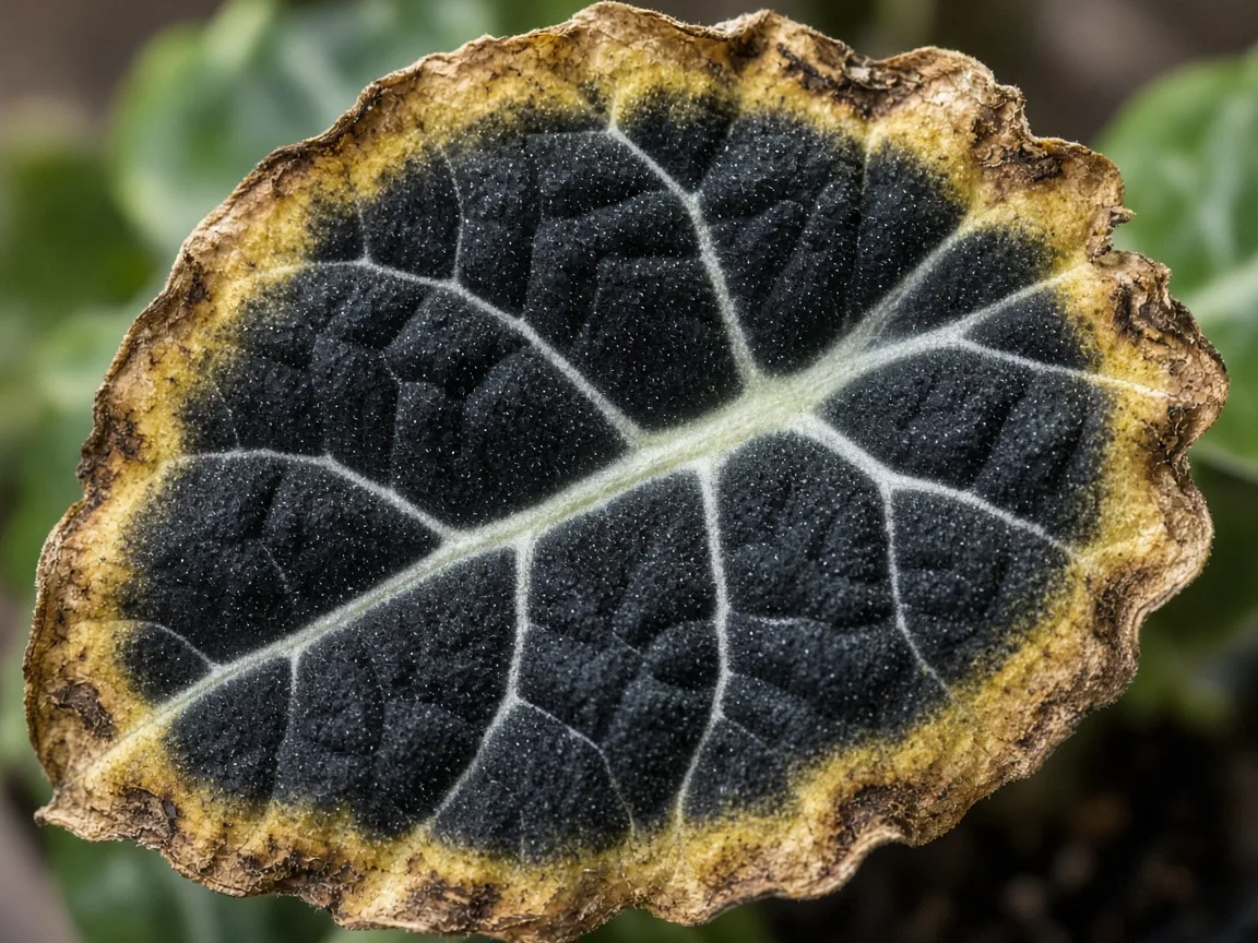 Close-up of yellow-tan scorch along the outer margin of an older Alocasia Black Velvet bullate velvet leaf with bold white veining still visible in the dark interior tissue