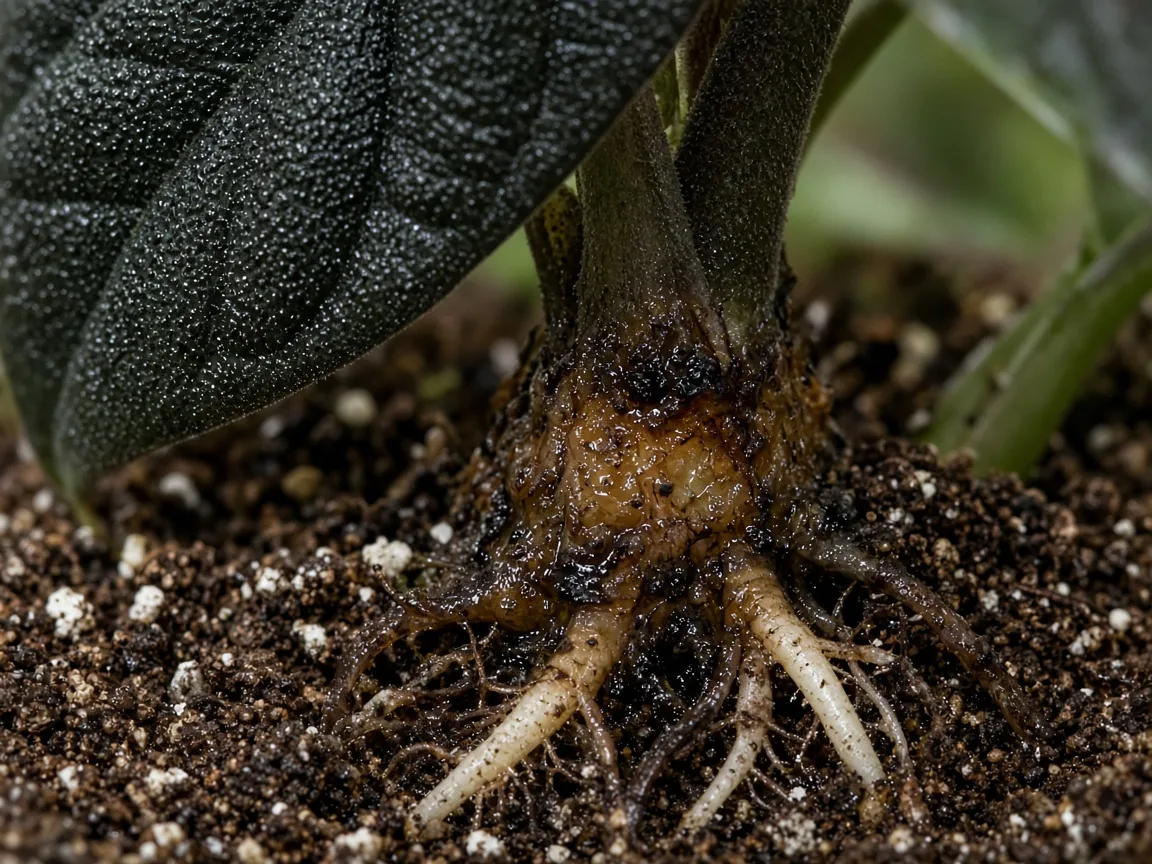 Close-up of root rot on Alocasia Black Velvet — mushy petiole base and discolored roots