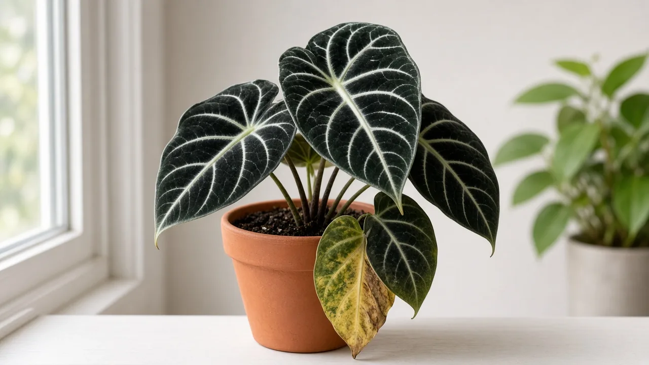 Root rot on Alocasia Black Velvet — yellowing lower leaves and limp petioles on wet soil
