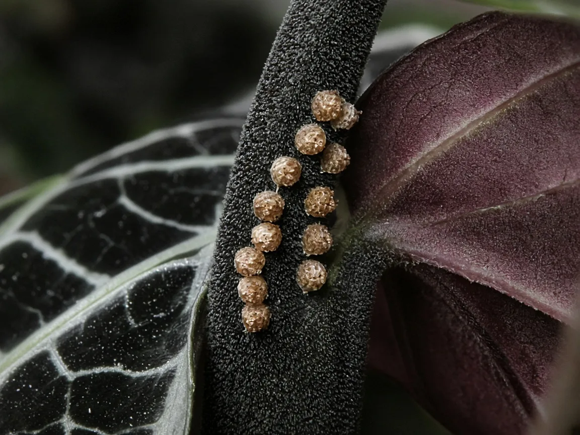 Close-up of tan scale insect bumps along an Alocasia Black Velvet petiole on a burgundy leaf underside