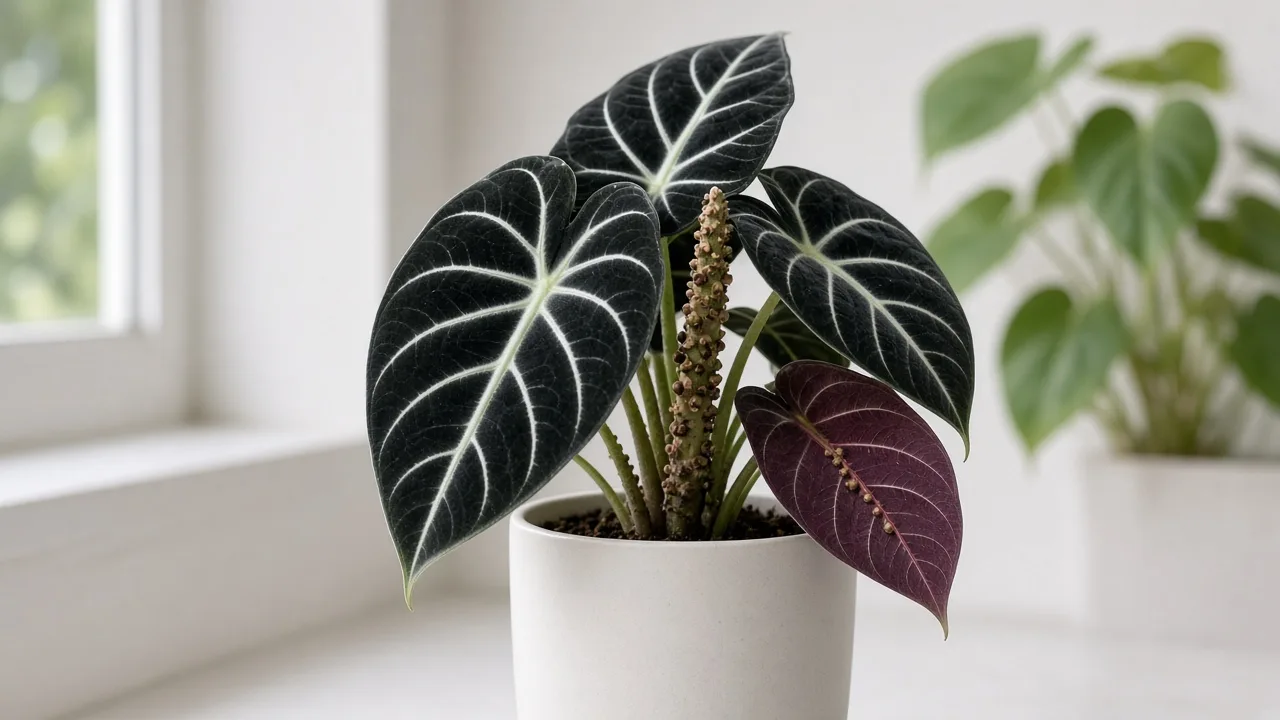 Scale insects on Alocasia Black Velvet - tan bumps on thick petiole and burgundy leaf underside of matte velvet alocasia