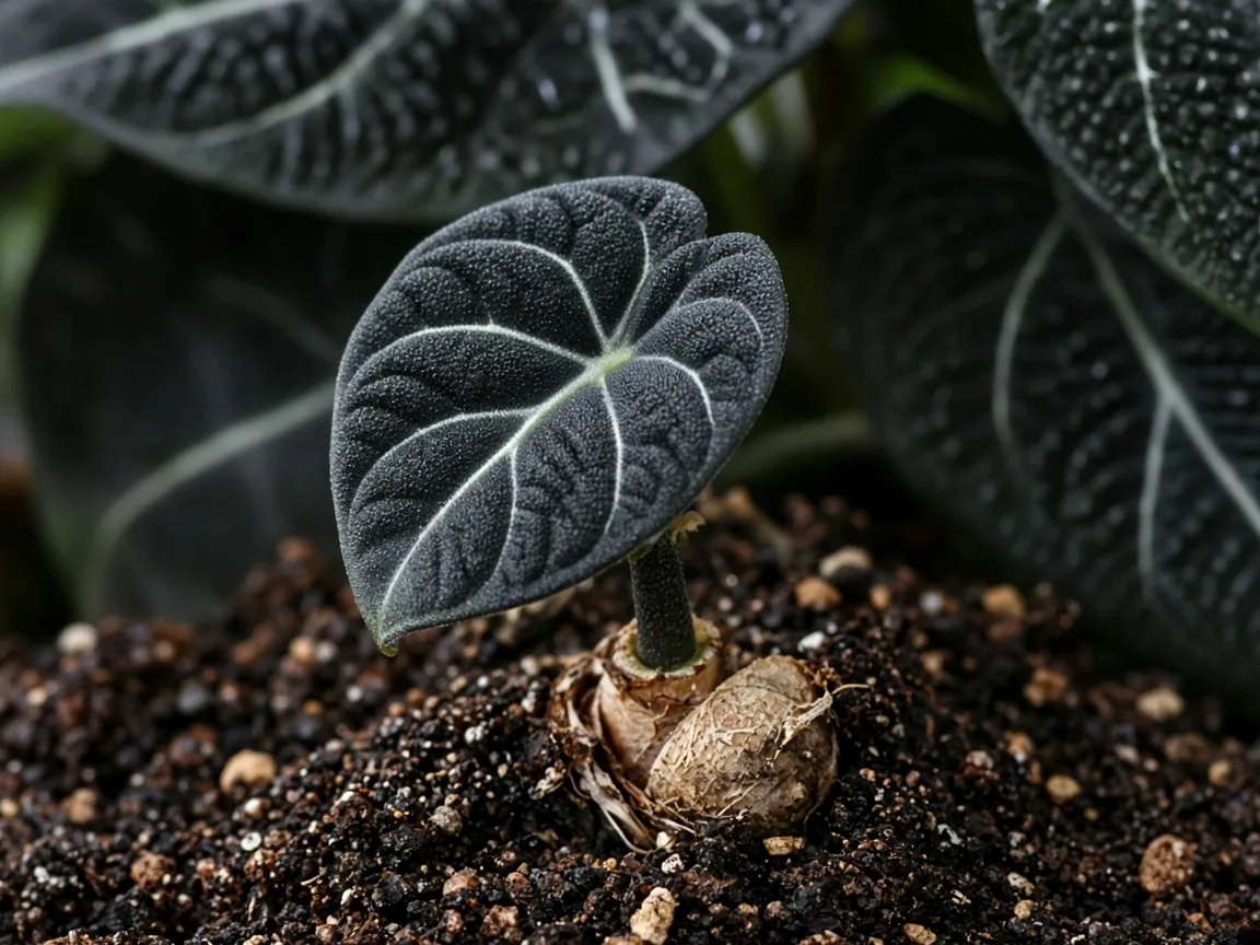 Close-up of slow growth on Alocasia Black Velvet - single small bullate velvet leaf on short petiole with no new unfurling blade at the crown