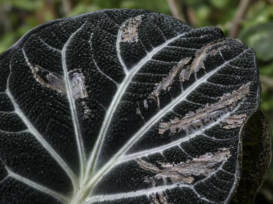 Close-up of thrips damage on Alocasia Black Velvet - silvery streaks and black frass on a matte velvet leaf with white veins