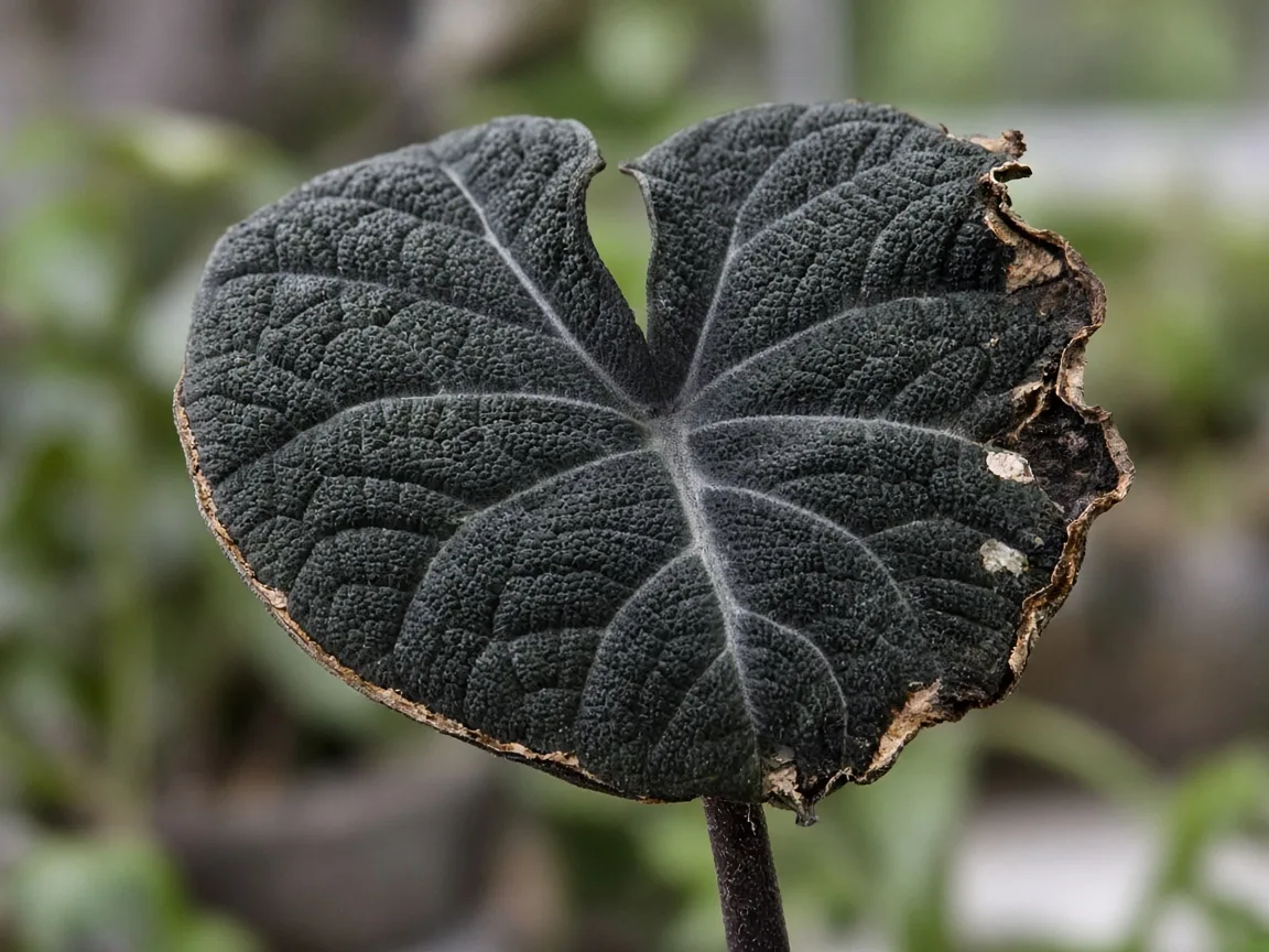 Close-up of cupped bullate leaves with crisp brown edges on Alocasia Black Velvet