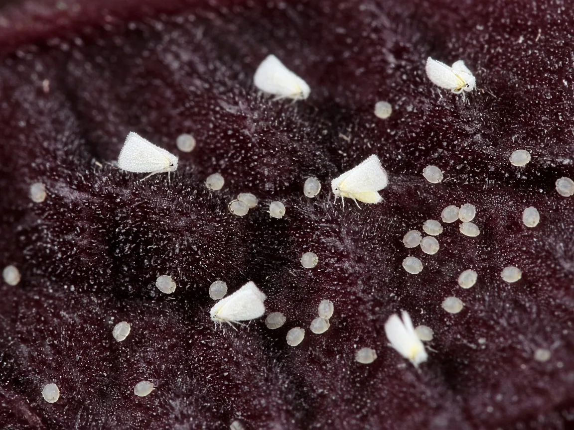 Close-up of tiny white adult whiteflies and pale nymphs on the burgundy underside of an Alocasia Black Velvet leaf