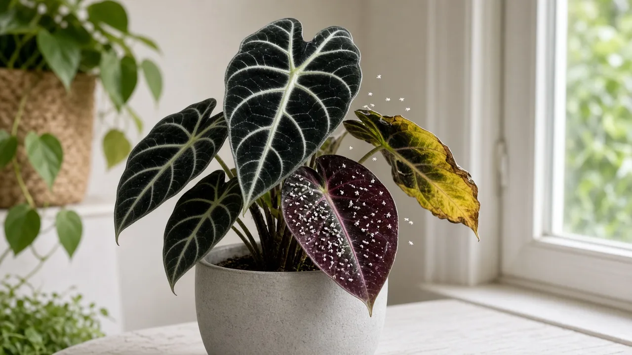 Whiteflies on Alocasia Black Velvet - tiny white insects and nymphs on burgundy leaf undersides of velvet foliage