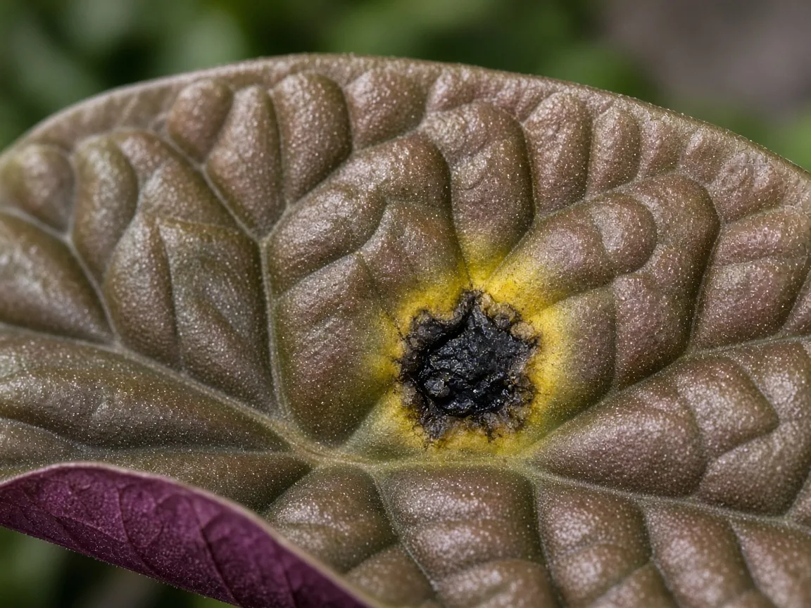 Close-up of black spots on Alocasia Cuprea mirror copper leaves
