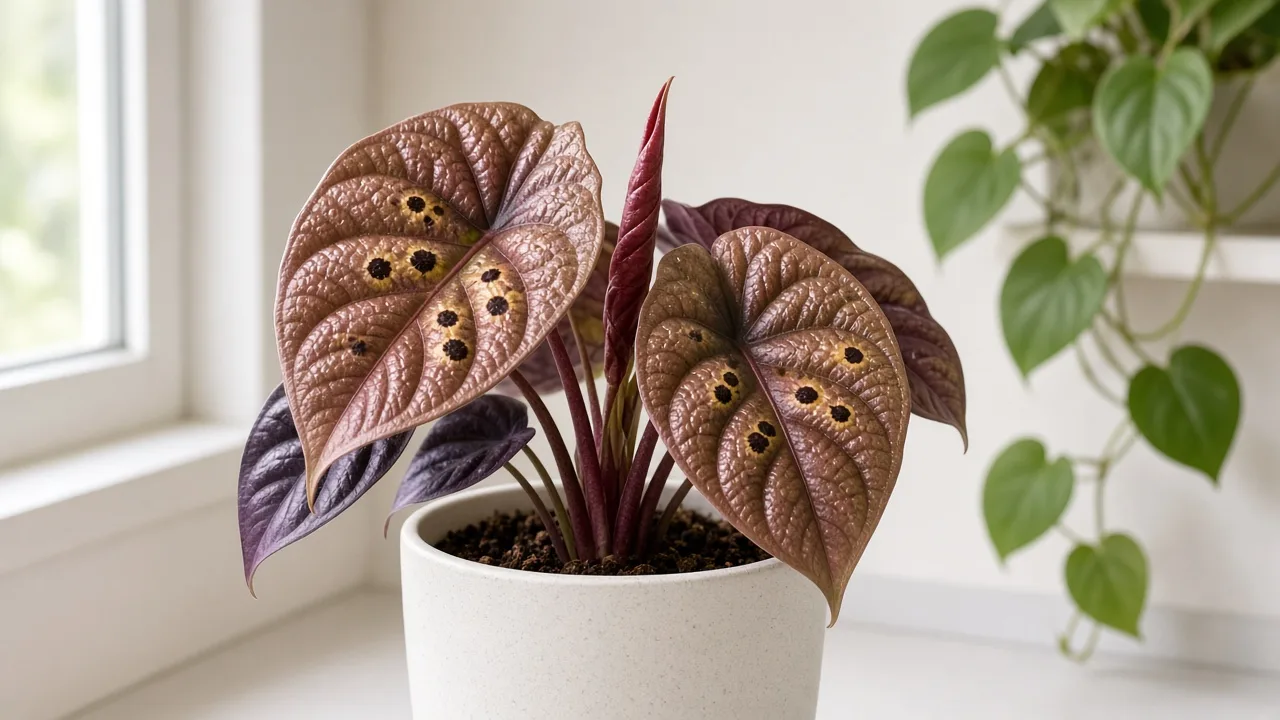 Black Spots on Alocasia Cuprea - dark lesions on copper-bronze mirror leaves with purple undersides