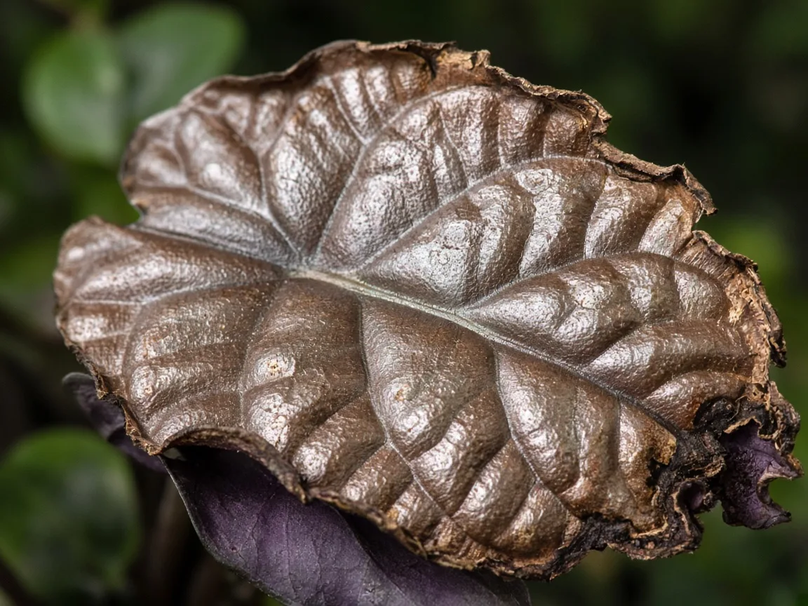 Close-up of brown leaf damage on Alocasia Cuprea mirror foliage