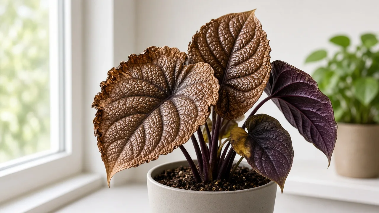 Brown leaves on Alocasia Cuprea - copper mirror foliage with browned edges and petioles