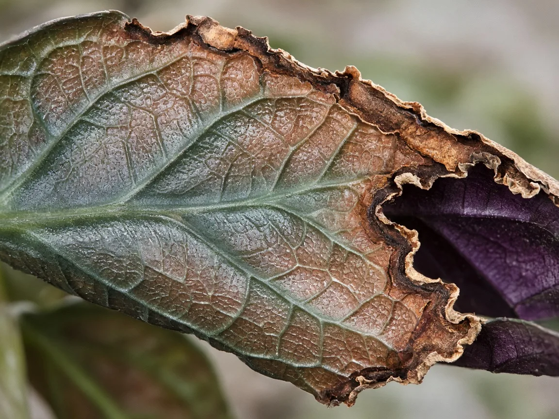 Close-up of dry brown tips on Alocasia Cuprea mirror leaves