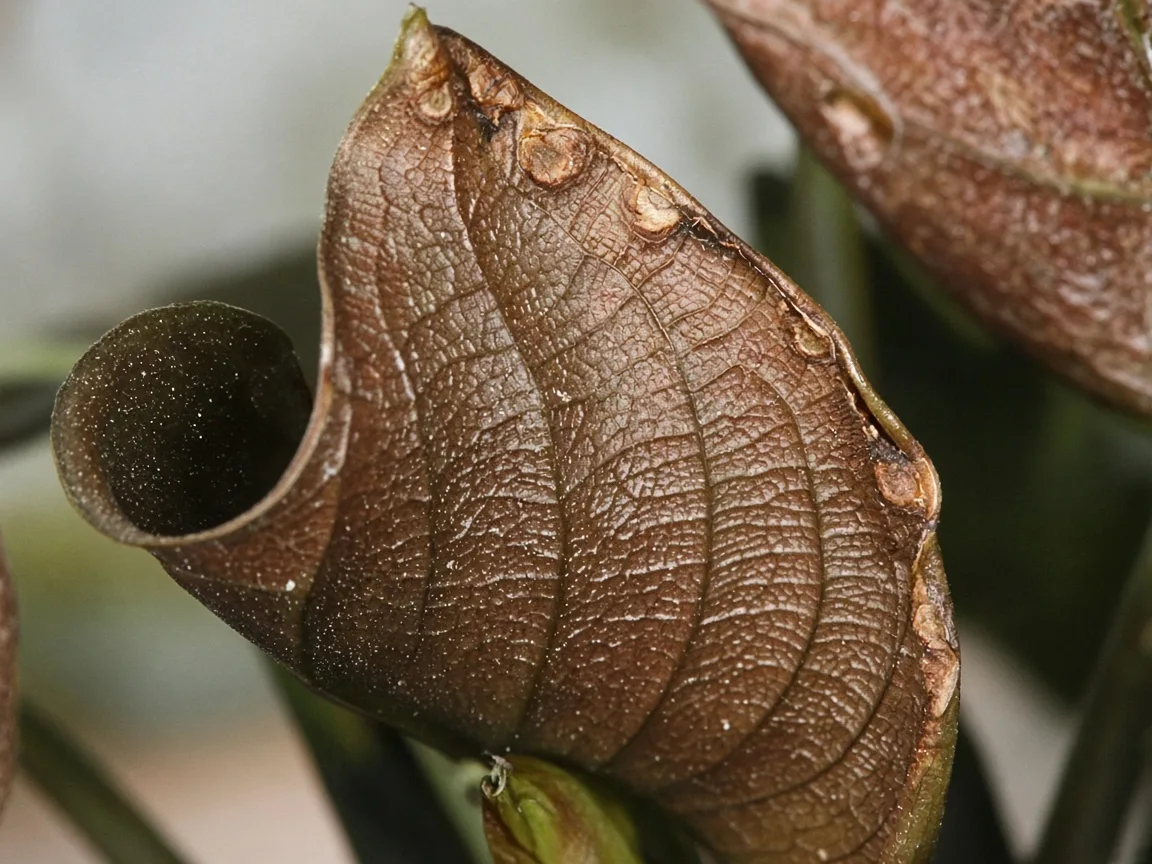Close-up of cupped margin on newest unfurling Alocasia Cuprea mirror spear