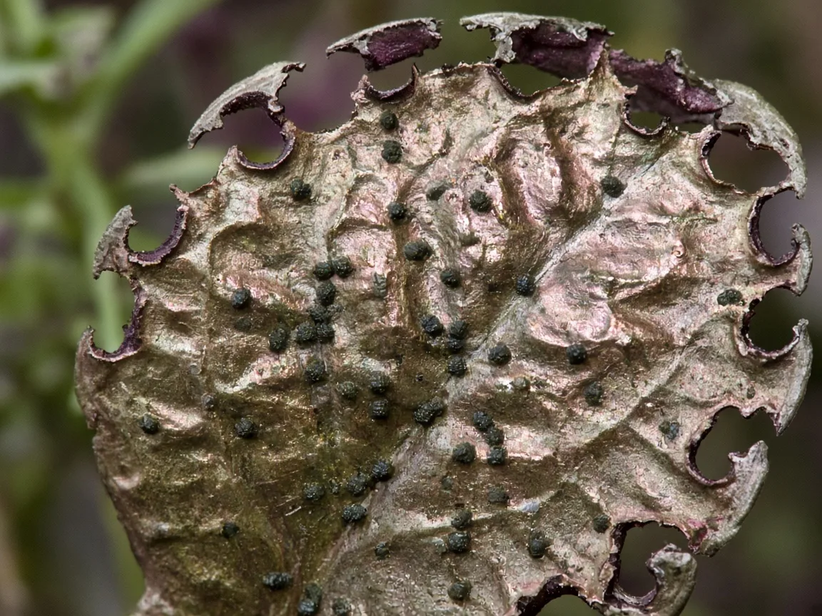 Close-up of caterpillar damage on Alocasia Cuprea - irregular chewed notches on metallic copper mirror leaf with dark frass pellets
