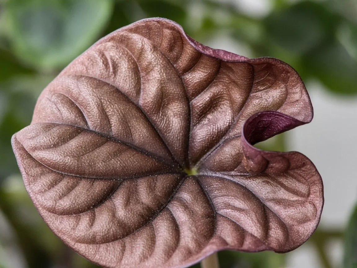 Close-up of curling leaves on Alocasia Cuprea - diagnostic detail