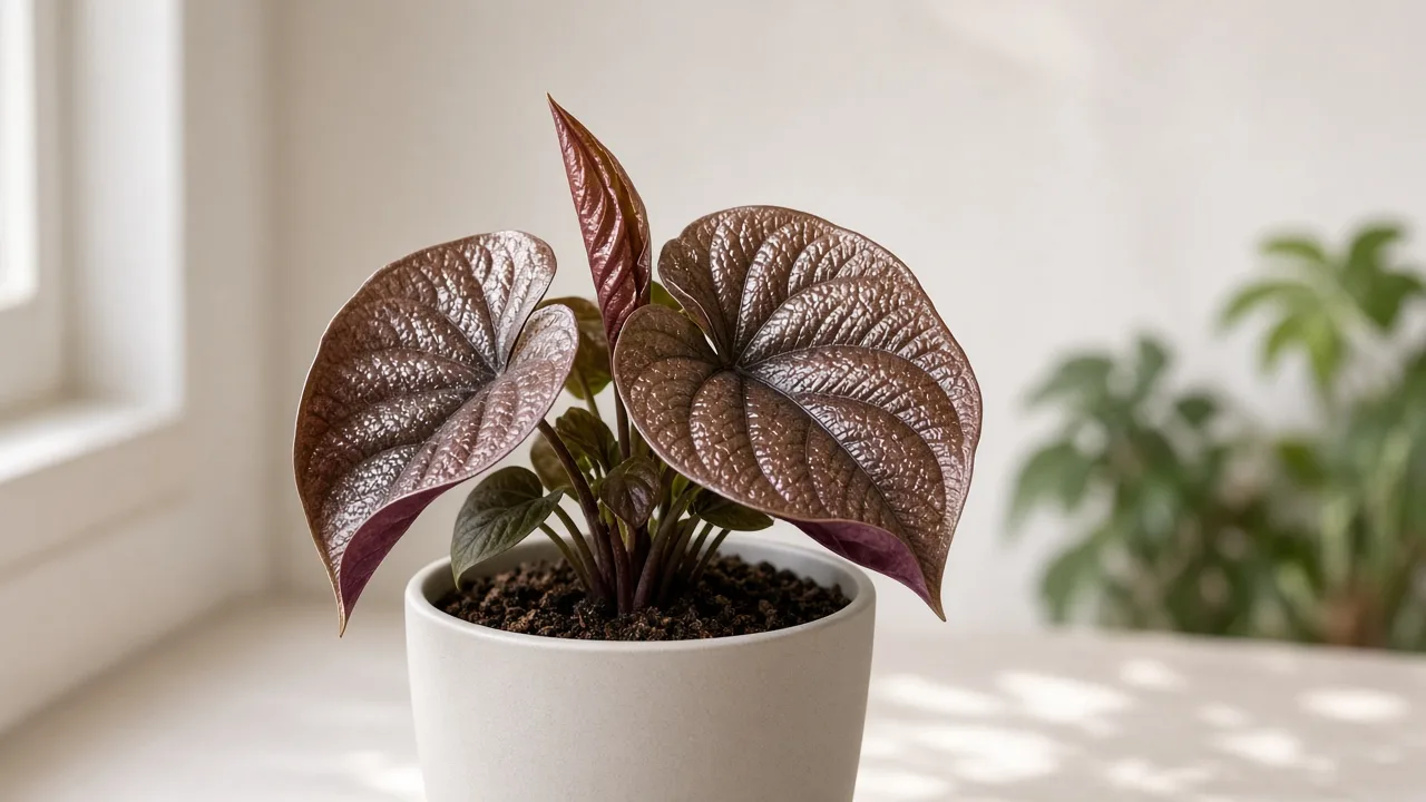 Curling leaves on Alocasia Cuprea - cupped copper-bronze bullate foliage with purple undersides