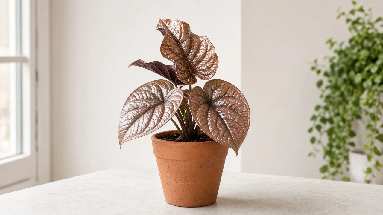Distorted leaves on Alocasia Cuprea - twisted puckered copper-bronze mirror foliage with dark purple underside