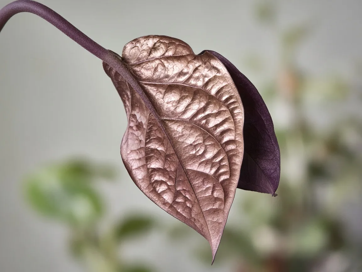 Close-up of drooping leaves on Alocasia Cuprea - diagnostic detail