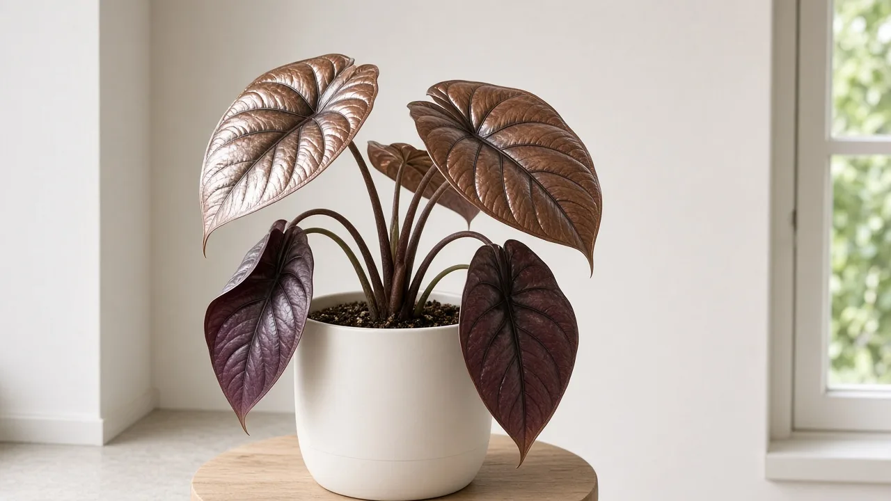 Drooping leaves on Alocasia Cuprea - metallic copper mirror foliage hanging limp from stiff petioles