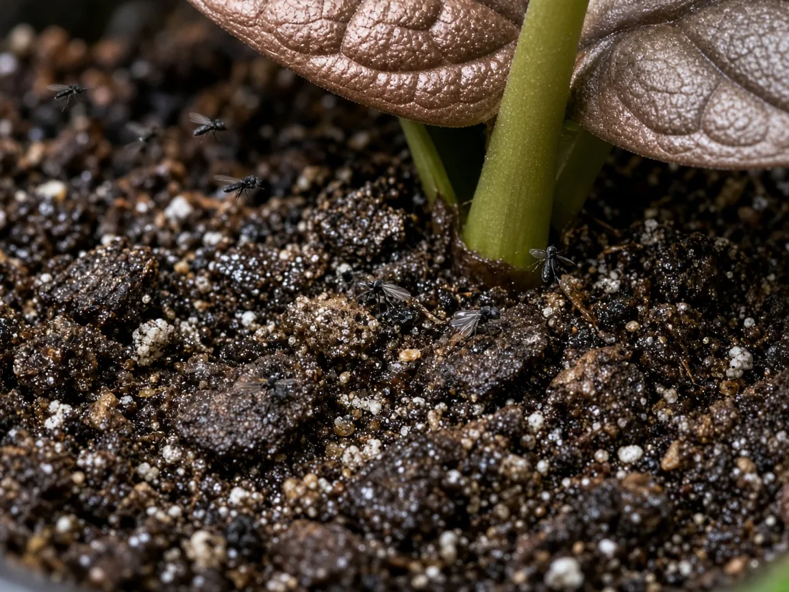 Close-up of fungus gnats on damp potting mix at the base of Alocasia Cuprea copper mirror leaves